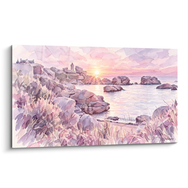 Tableau Côte rocheuse rose et mauve au couchant - Rêverie du soir - Edition Perros-Guirec Bretagne France