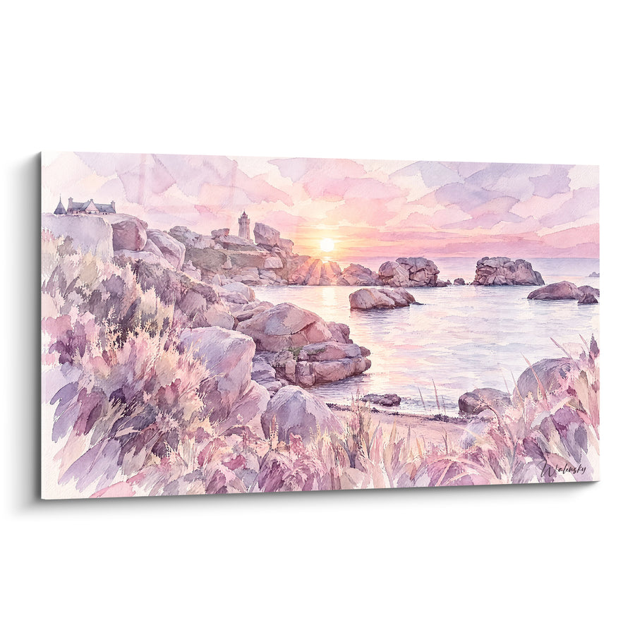 Tableau Côte rocheuse rose et mauve au couchant - Rêverie du soir - Edition Perros-Guirec Bretagne France