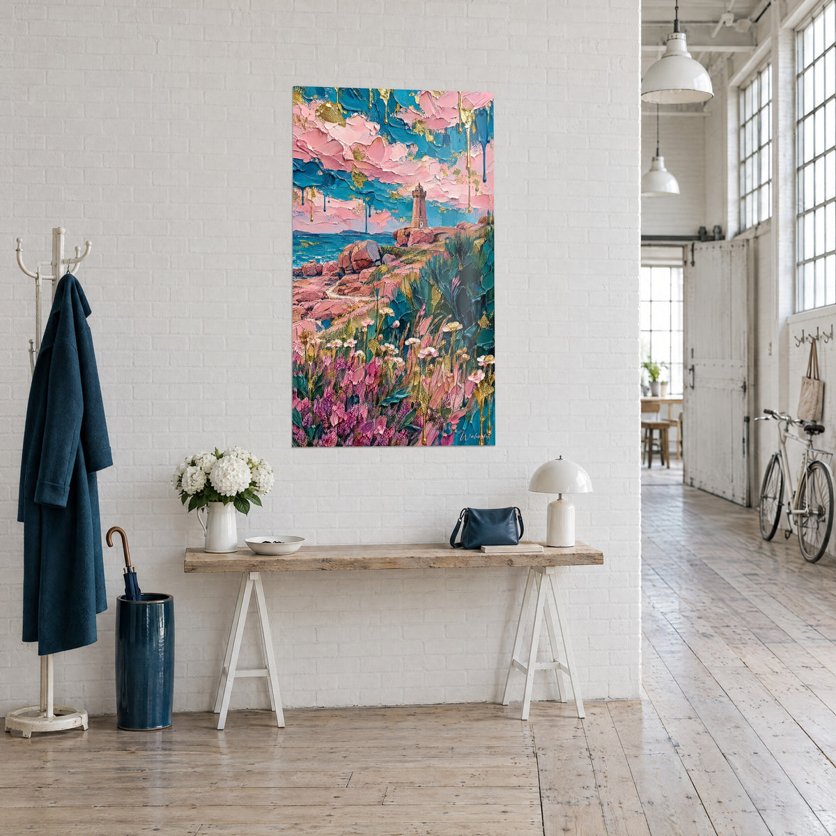 Wall art rose stone tower overlooking the blue ocean, golden drips across the sky, three-quarter view in a loft