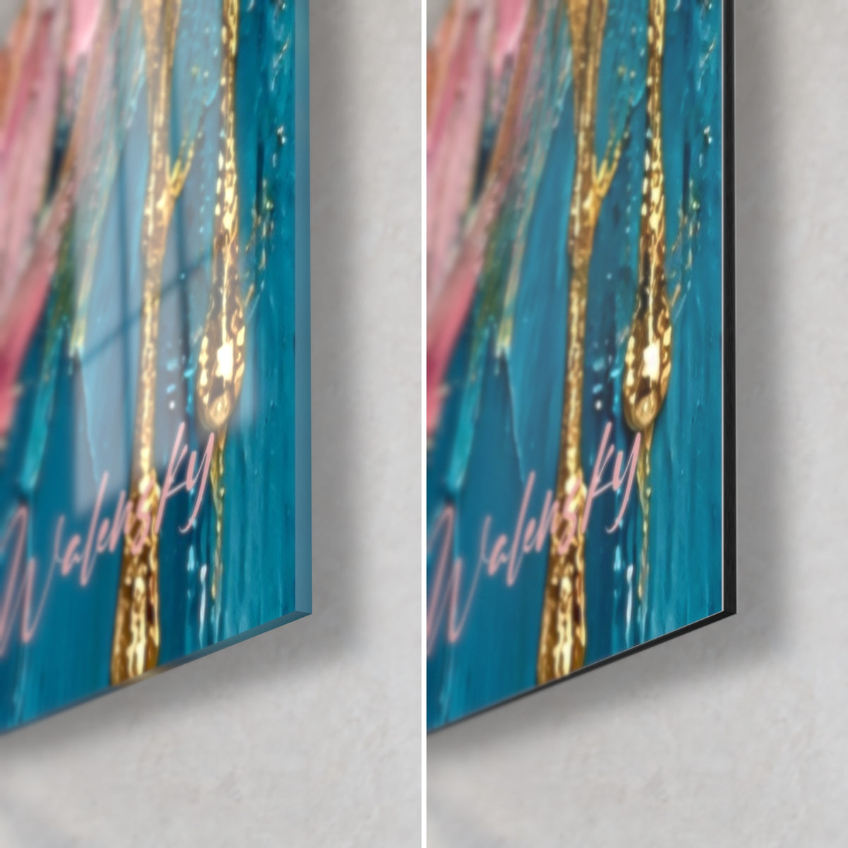 Wall art pink lighthouse, golden drips on turquoise background, bottom right corner in glossy glass and matte Dibond aluminium