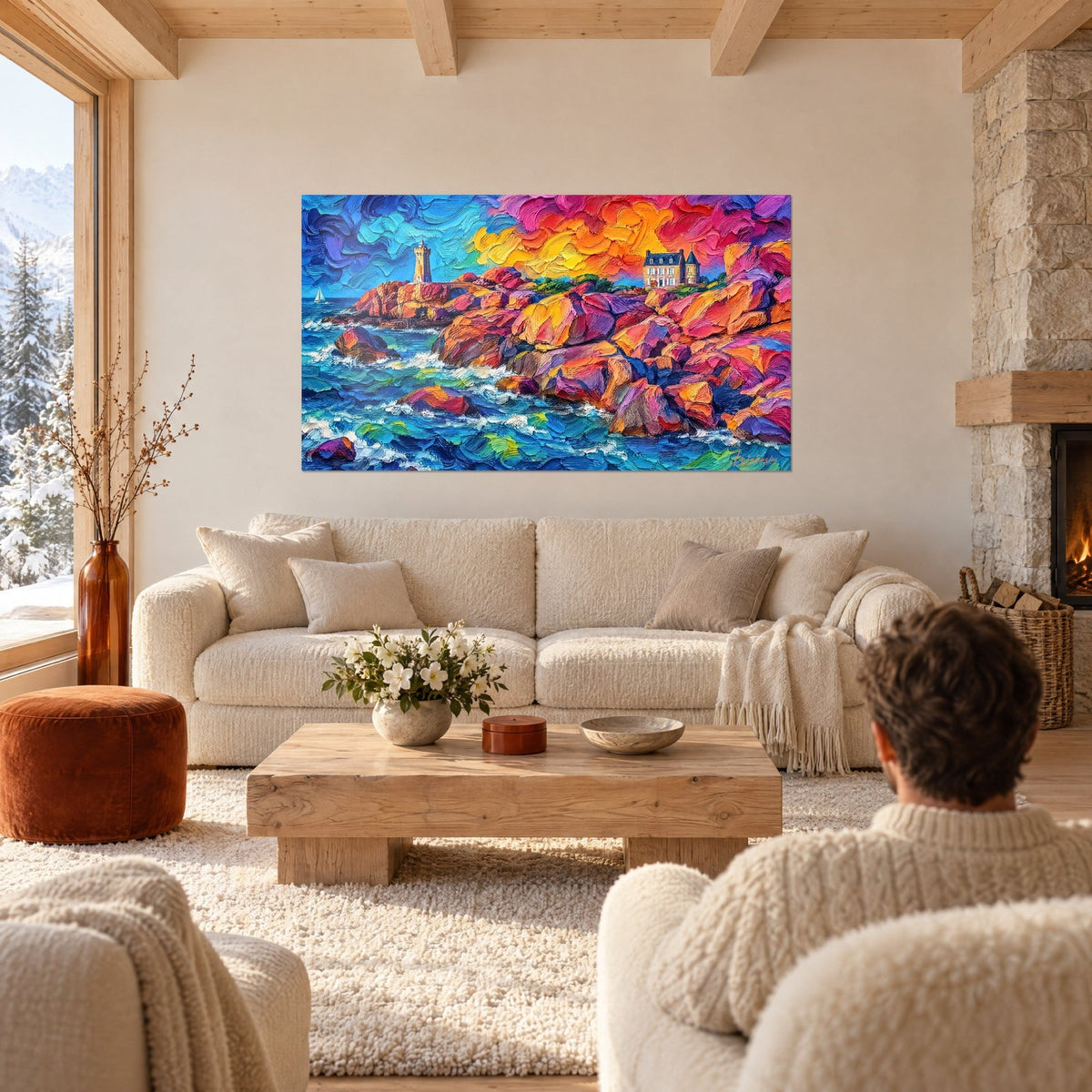 Tableau phare côtier aux rochers orange et violet, ciel rose embrasé, homme de dos, au-dessus d'un canapé dans un salon lumineux