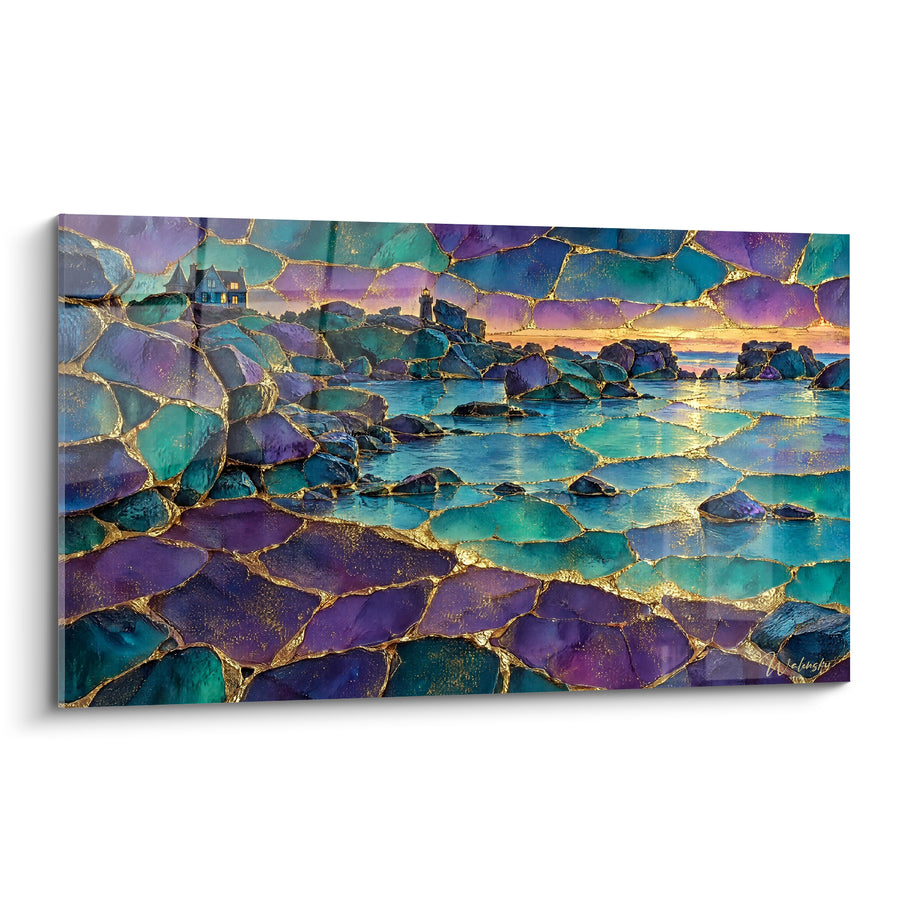 Tableau Côte rocheuse turquoise et violette aux reflets dorés - Lueur du littoral - Edition Perros-Guirec Bretagne France