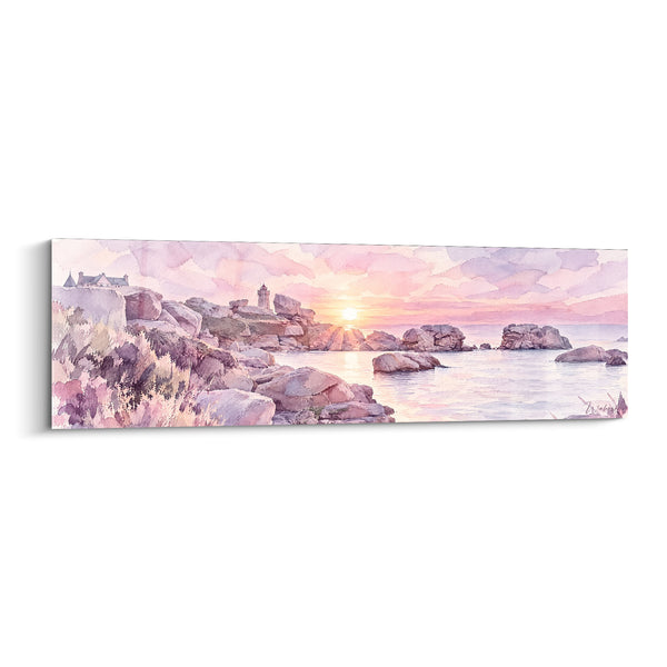Tableau Phare minuscule entre rochers mauves et roses au soleil - Maisons sur la falaise - Edition Perros-Guirec Bretagne France