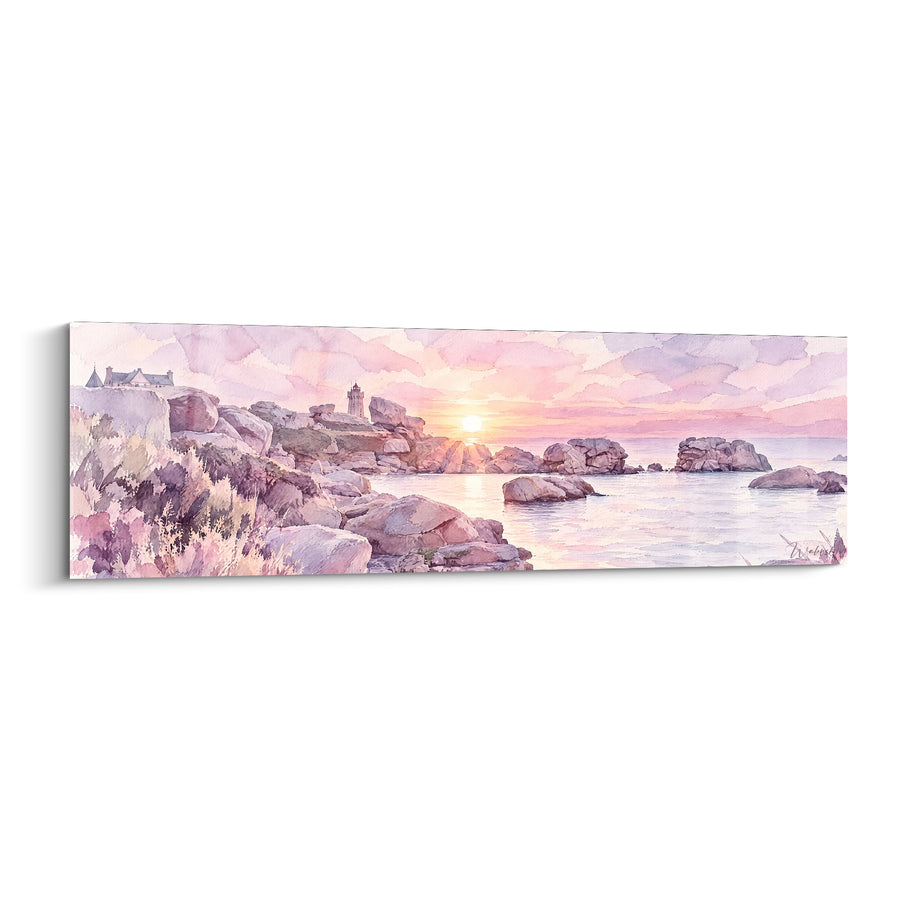 Tableau Phare minuscule entre rochers mauves et roses au soleil - Maisons sur la falaise - Edition Perros-Guirec Bretagne France