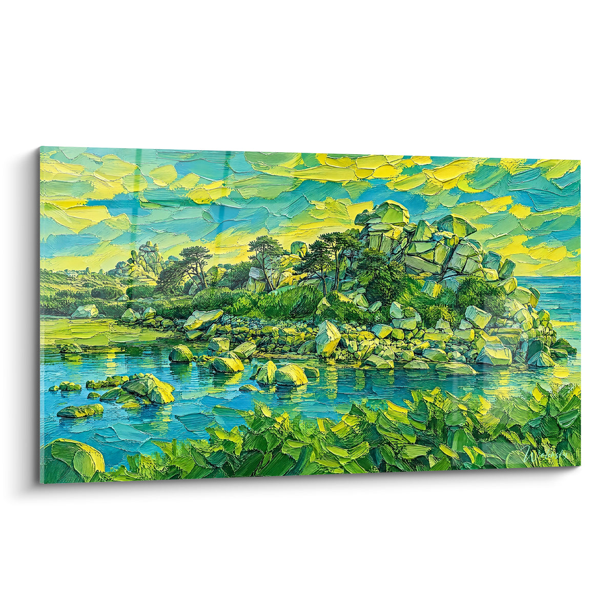 Tableau île rocheuse verte et jaune émergeant d'une eau turquoise, style peinture texturée bretonne