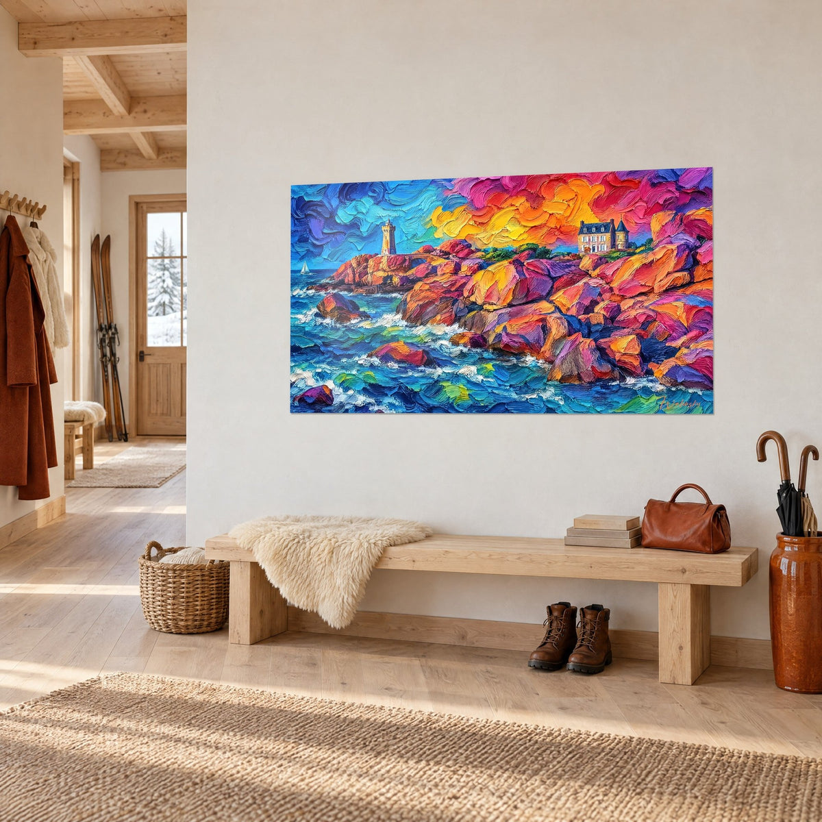 Tableau manoir breton sur falaise de granit rose, ciel jaune et magenta, voilier blanc, mur clair d'un chalet en vue de trois-quarts