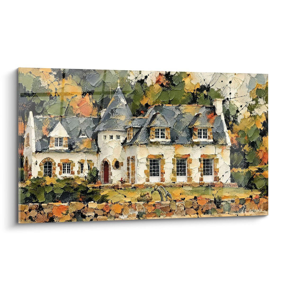 Tableau manoir blanc à tourelle ardoise entouré d'un feuillage doré et vert sauge, touches empâtées