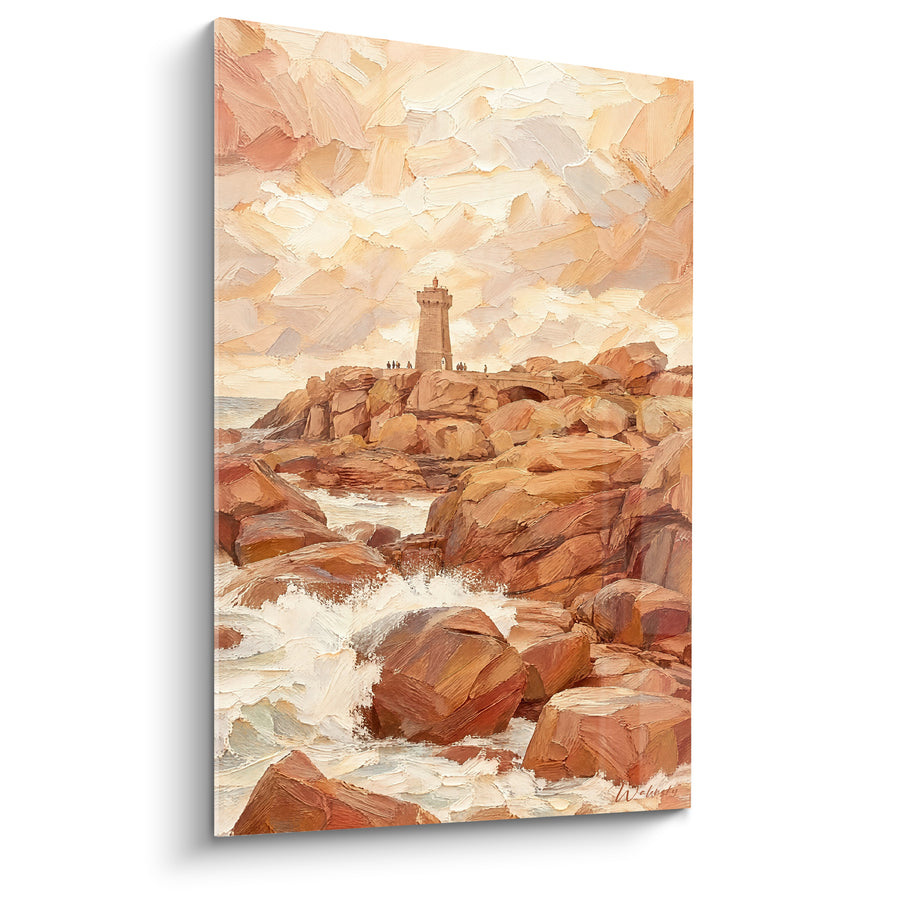 Tableau Phare terracotta aux rochers ocre - Veille sur la houle - Edition Perros-Guirec Bretagne France