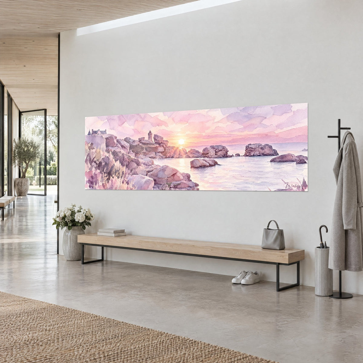 Tableau petit phare de pierre dressé sur des blocs roses, soleil doré sur la mer, vu de trois-quarts dans un hall clair
