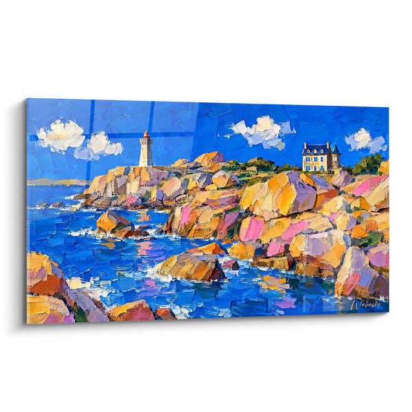 Tableau Phare blanc aux rochers roses - Vigie de granit rose - Edition Perros-Guirec Bretagne France
