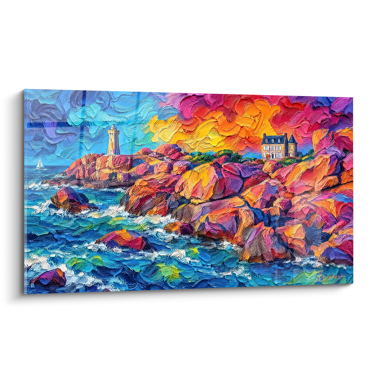 Tableau phare blanc sur rochers roses et violets, ciel orange embrasé, mer turquoise agitée à Perros-Guirec