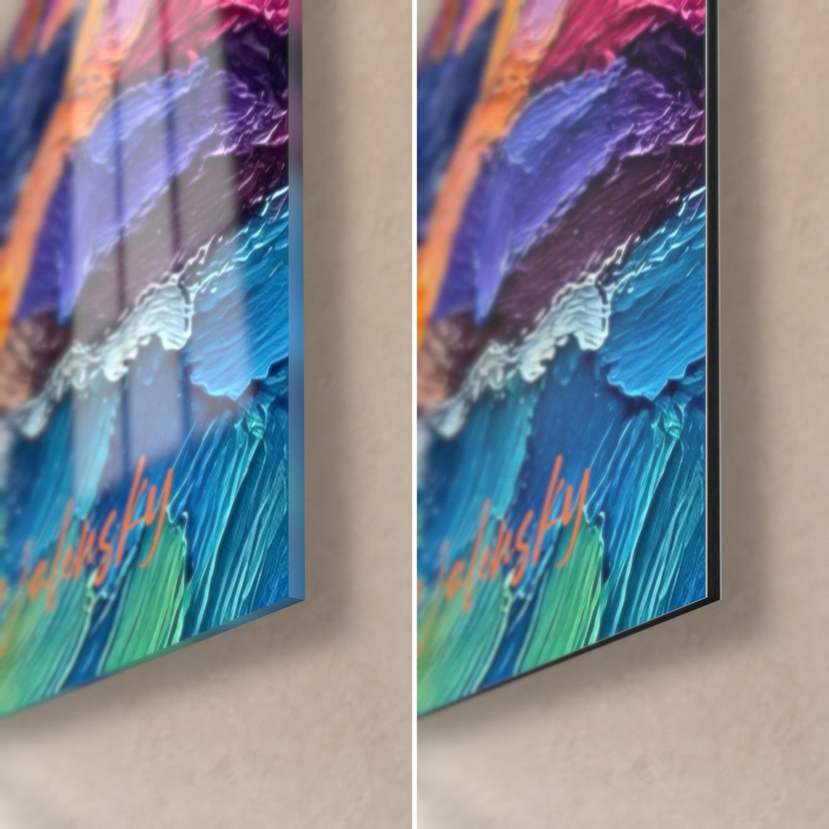 Tableau rochers de granit empâtés en violet et turquoise, écume blanche, coin bas droit en verre brillant et en Dibond mat