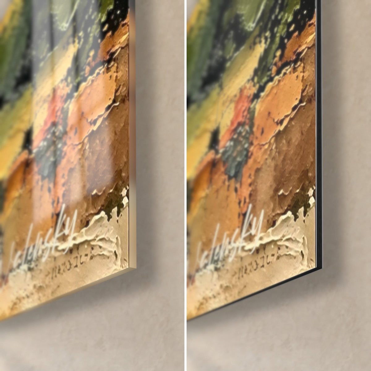 Schilderij huis met torentje in dikke pasta, rechtsonder: glanzend acrylglas links, mat grijs Dibond rechts