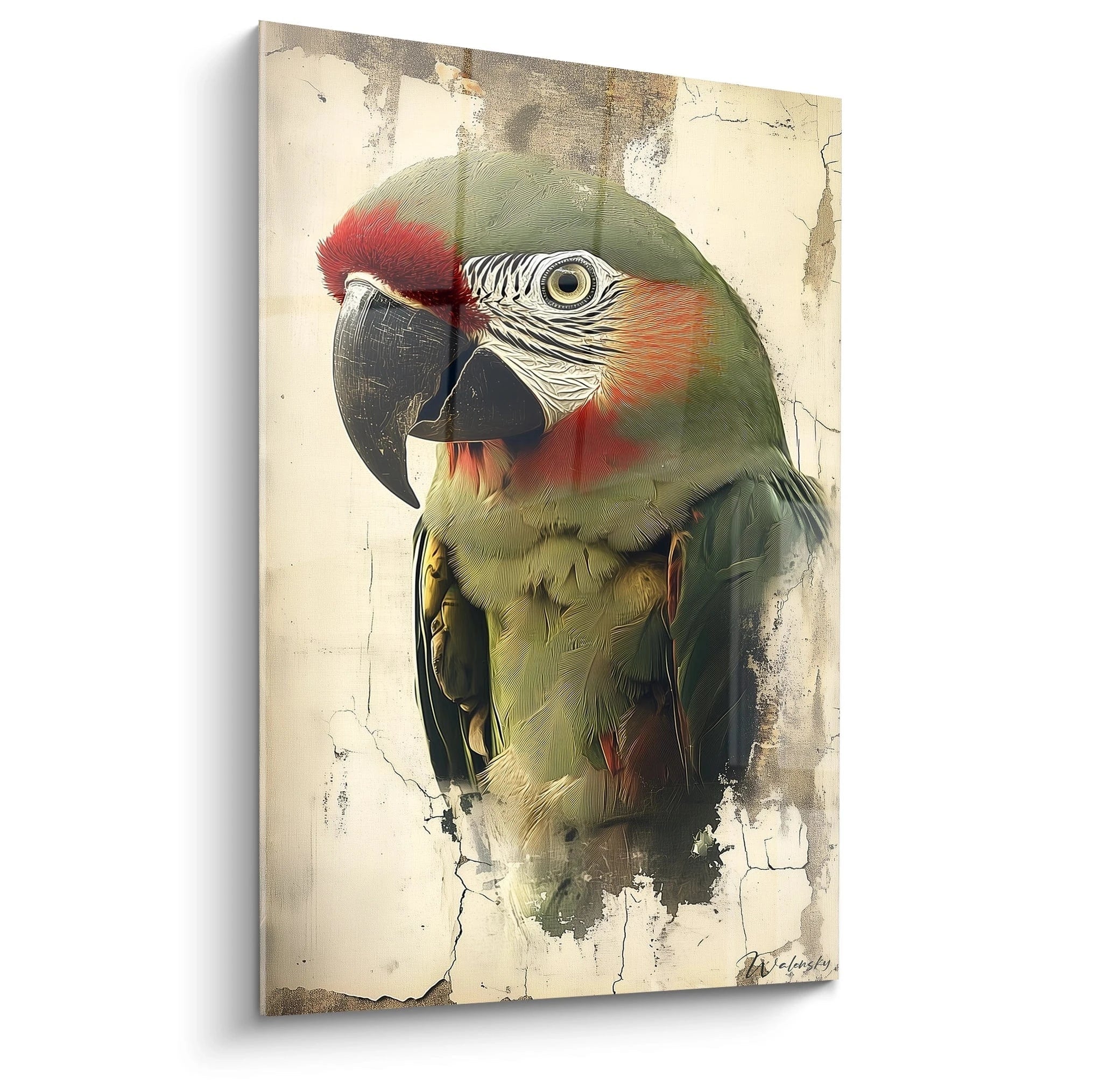 Un tableau perruche détaillé montrant un ara vert et rouge en gros plan, avec un œil expressif et un bec noir imposant, sur un fond beige texturé et craquelé, aux plumes finement rendues avec des textures visibles.
