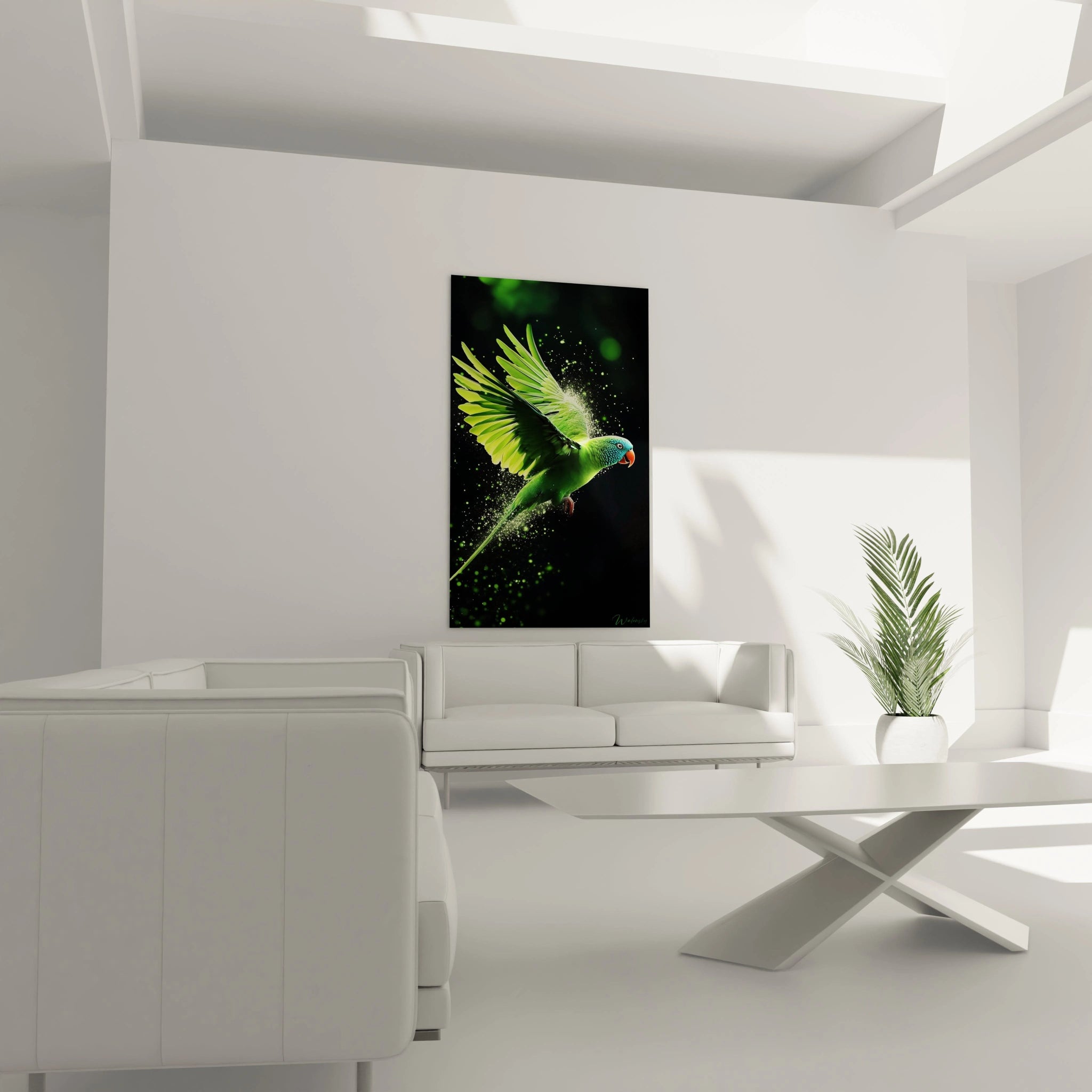 Un tableau perruche représentant l'oiseau tropical avec ses ailes largement déployées, révélant des détails précis de plumes. Les éclaboussures lumineuses vertes créent un effet d'énergie, la tête bleu-vert et le bec orange ajoutent dimension au portrait.
