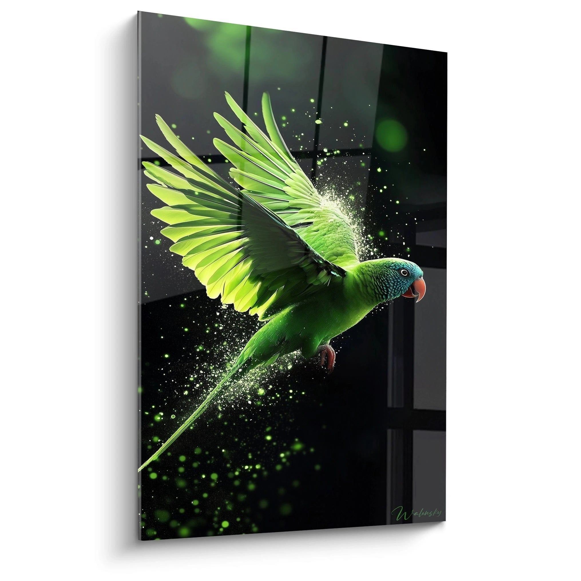 Un tableau perruche montrant un oiseau vert en plein vol, ailes déployées, entouré de particules lumineuses vertes sur fond noir. La tête bleutée et le bec orange contrastent avec le plumage vert vif aux textures détaillées.
