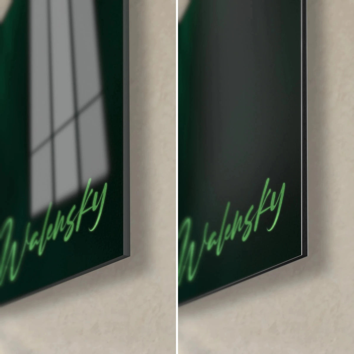 Wall art apple-green parrot, Walensky signature in green letters, shiny glass corner bottom right reflecting the window and matte black Dibond