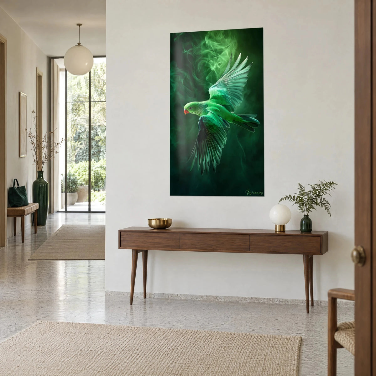Wall art exotic bird in emerald and soft green, ribbed wing feathers, dark swirls, seen three-quarters on a wooden console wall