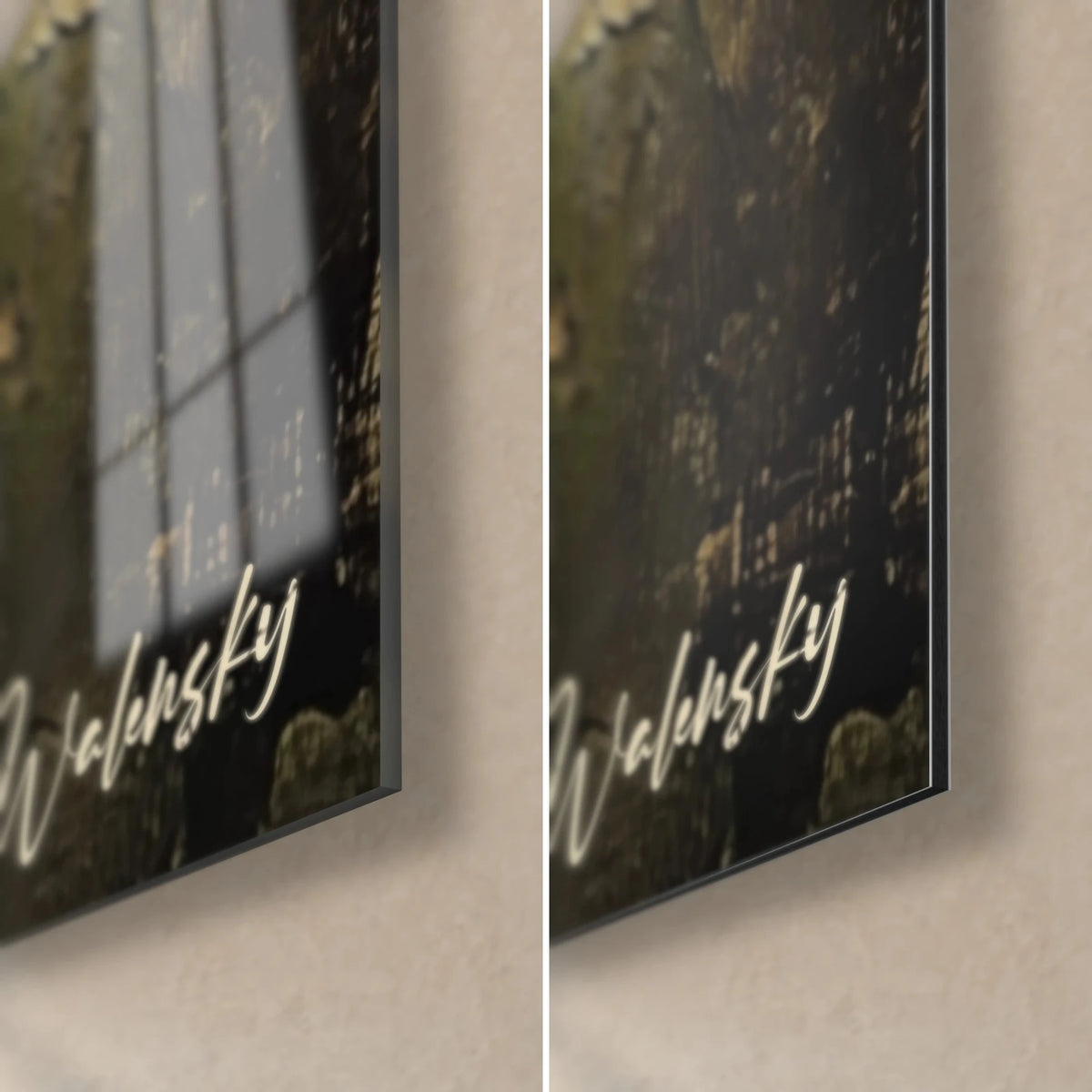Wall art olive green aratinga, bottom right corner: glossy glass on the left, matte black Dibond on the right, thin edge