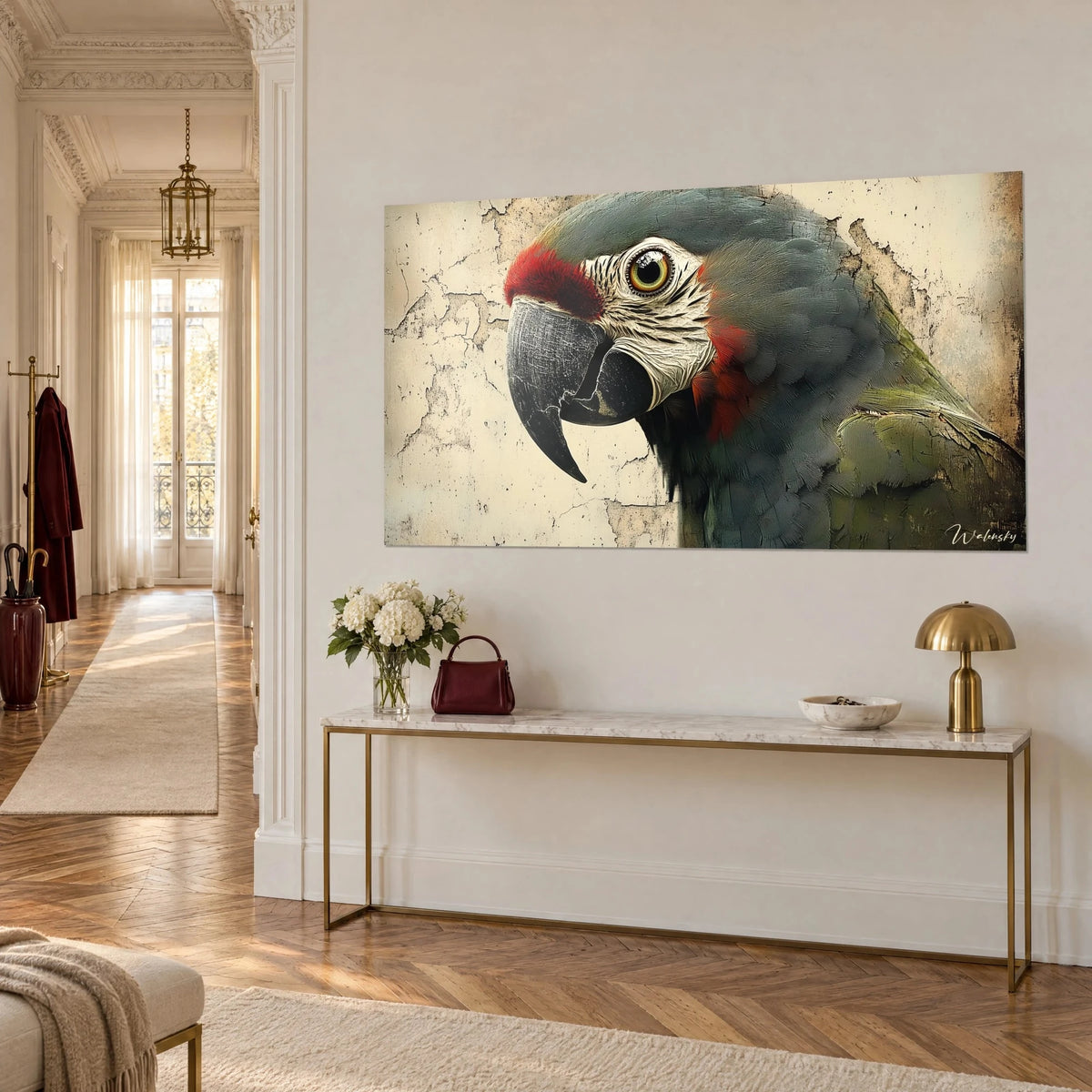 Wall art bird portrait with grey-blue plumage, white-striped cheek, cracked cream background, gilded Haussmann console