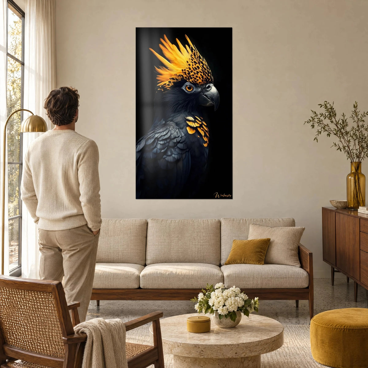 Gemälde eines schwarzen Kakadus mit leuchtend orangefarbener Haube und bernsteinfarbenem Auge, betrachtet von einem Mann von hinten über einem Sofa in einem hellen Wohnzimmer