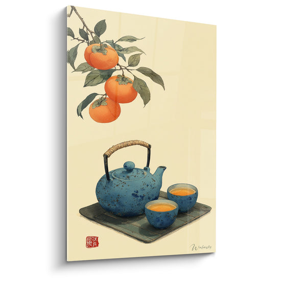 Tabel persimmon oranje en theeservies blauw op beige achtergrond - Zen harmonie - Editie Japanse theepot