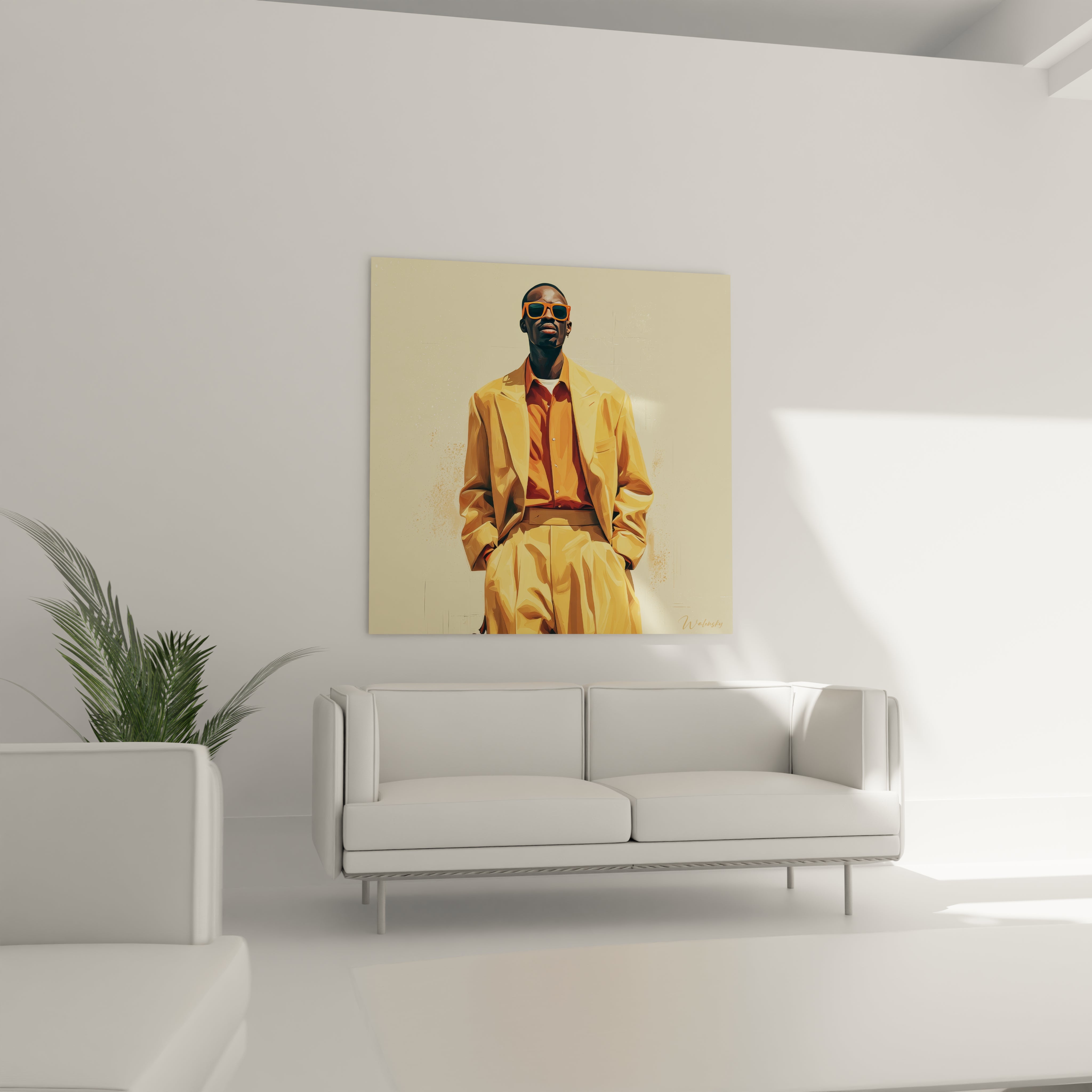 Tableau personnage chic de Walensky représentant un homme en costume élégant sur un mur moderne