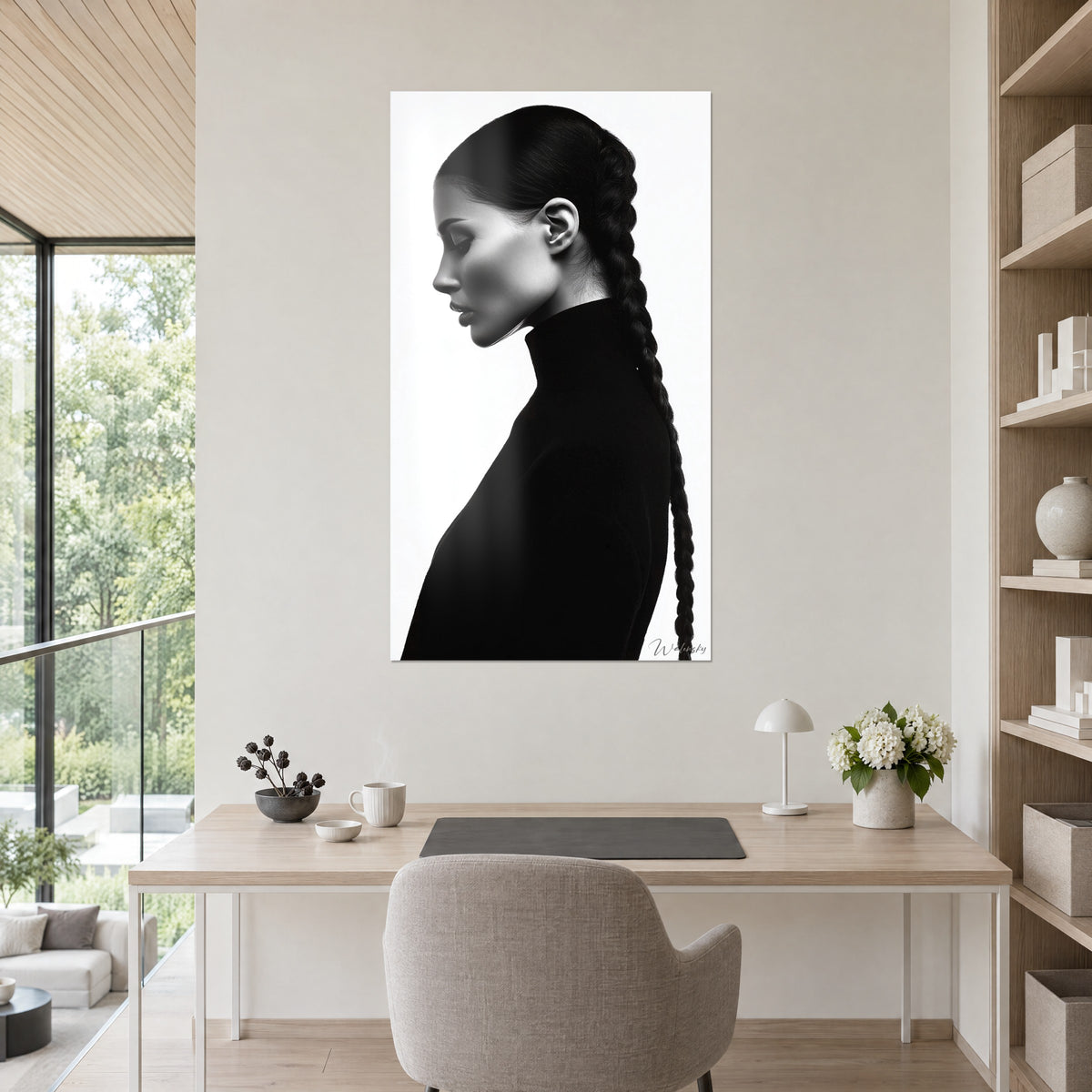 Schilderij beeldhouwwerkachtig profiel van een gevlochten vrouw, zacht licht op de wang, zwart-wit, opgehangen in een kantoor met licht hout