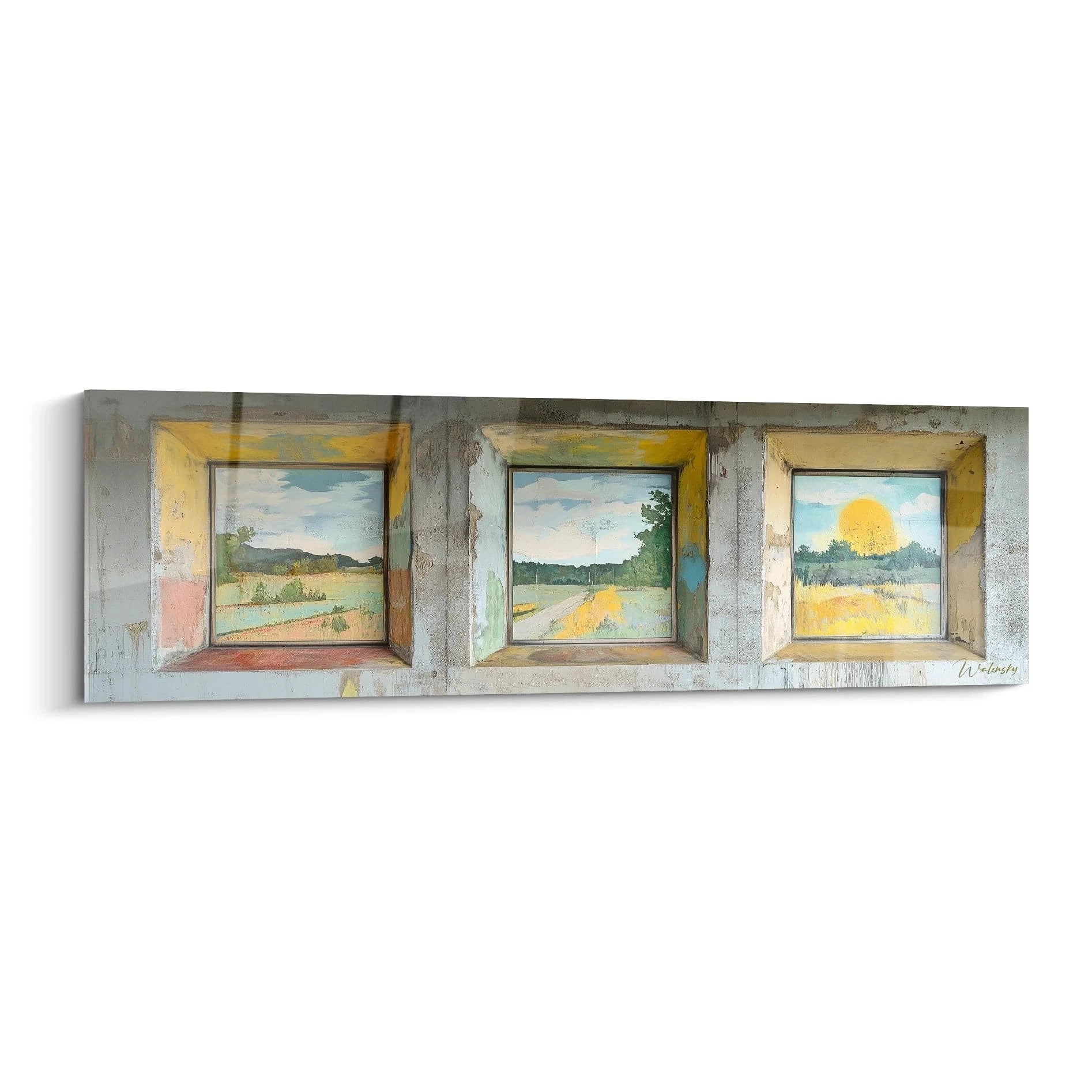 Tableau triptyque représentant trois scènes rurales encadrées, chacune capturant un moment différent de la journée, avec des cadres texturés jaunes sur fond gris et des paysages aux teintes douces de bleu, vert et or.
