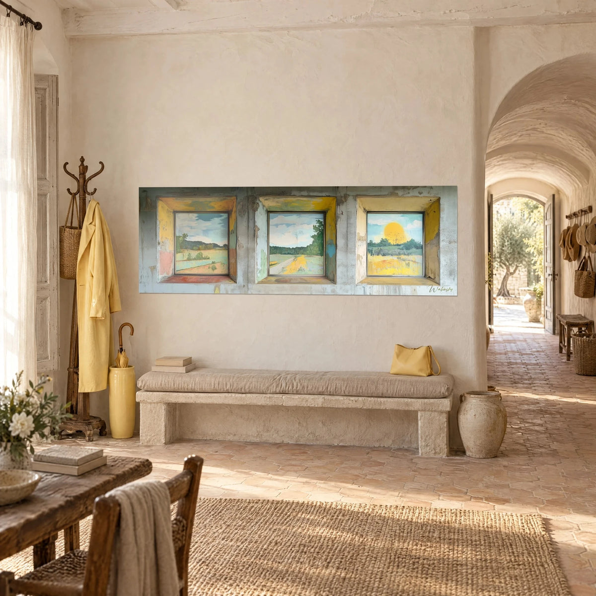 Tableau trois niches murales ocre et jaune ouvrant sur prairies vertes et soleil doré, mur béton écaillé, mas provençal en vue de trois-quarts