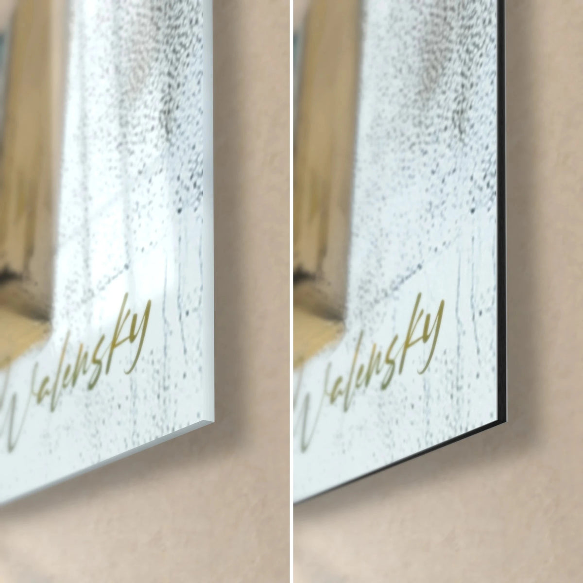 Tableau fenêtres peintes sur béton, coin bas droit signé Walensky, verre acrylique brillant à gauche, alu Dibond mat noir à droite, tranche 3 mm