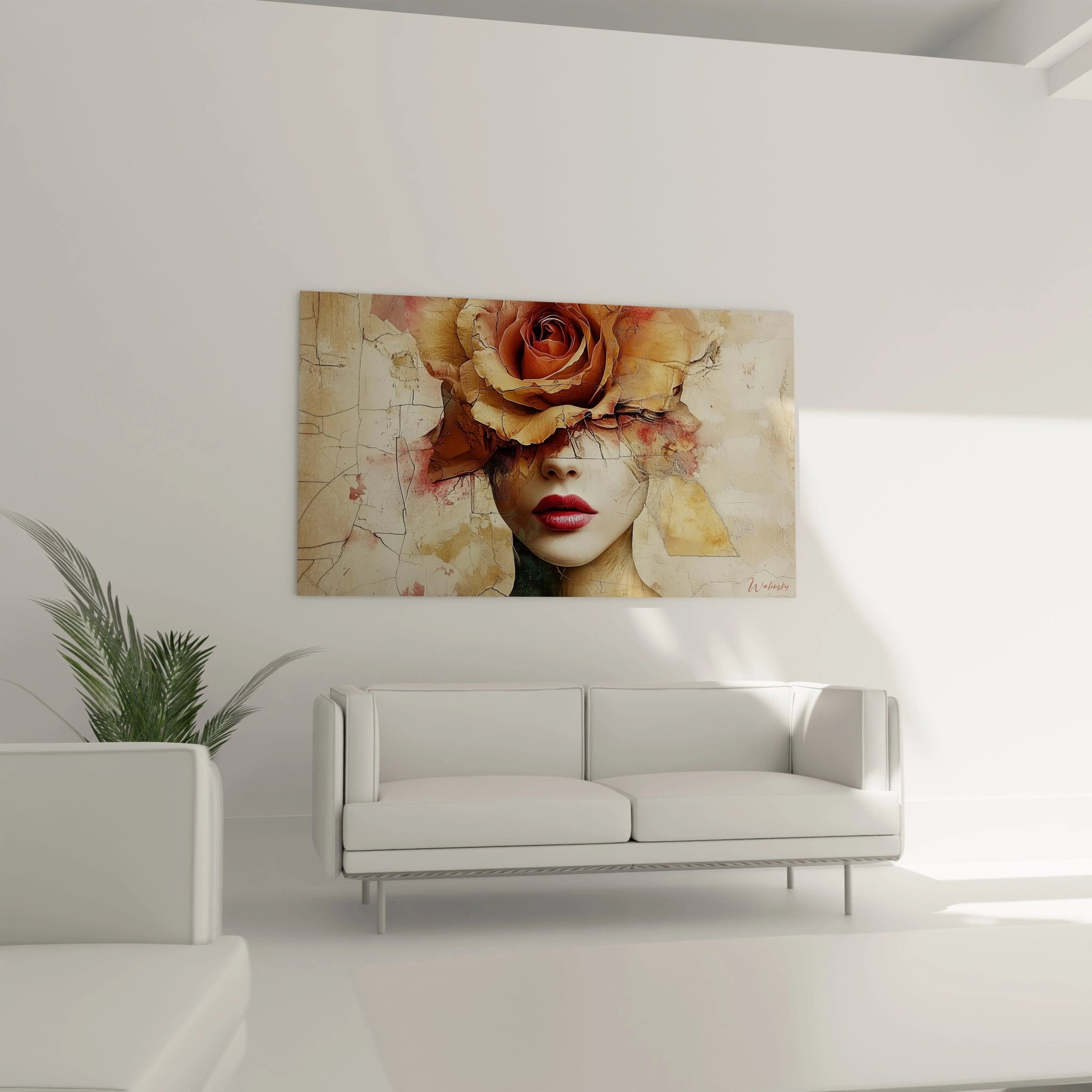 Un tableau visage féminin mystérieux avec une rose orangée masquant les yeux, peint sur une surface délibérément craquelée. Les lignes de fissures parcourent l'ensemble de l'œuvre, créant un effet de fragmentation qui contraste avec la précision des lèvres rouges et du nez.
