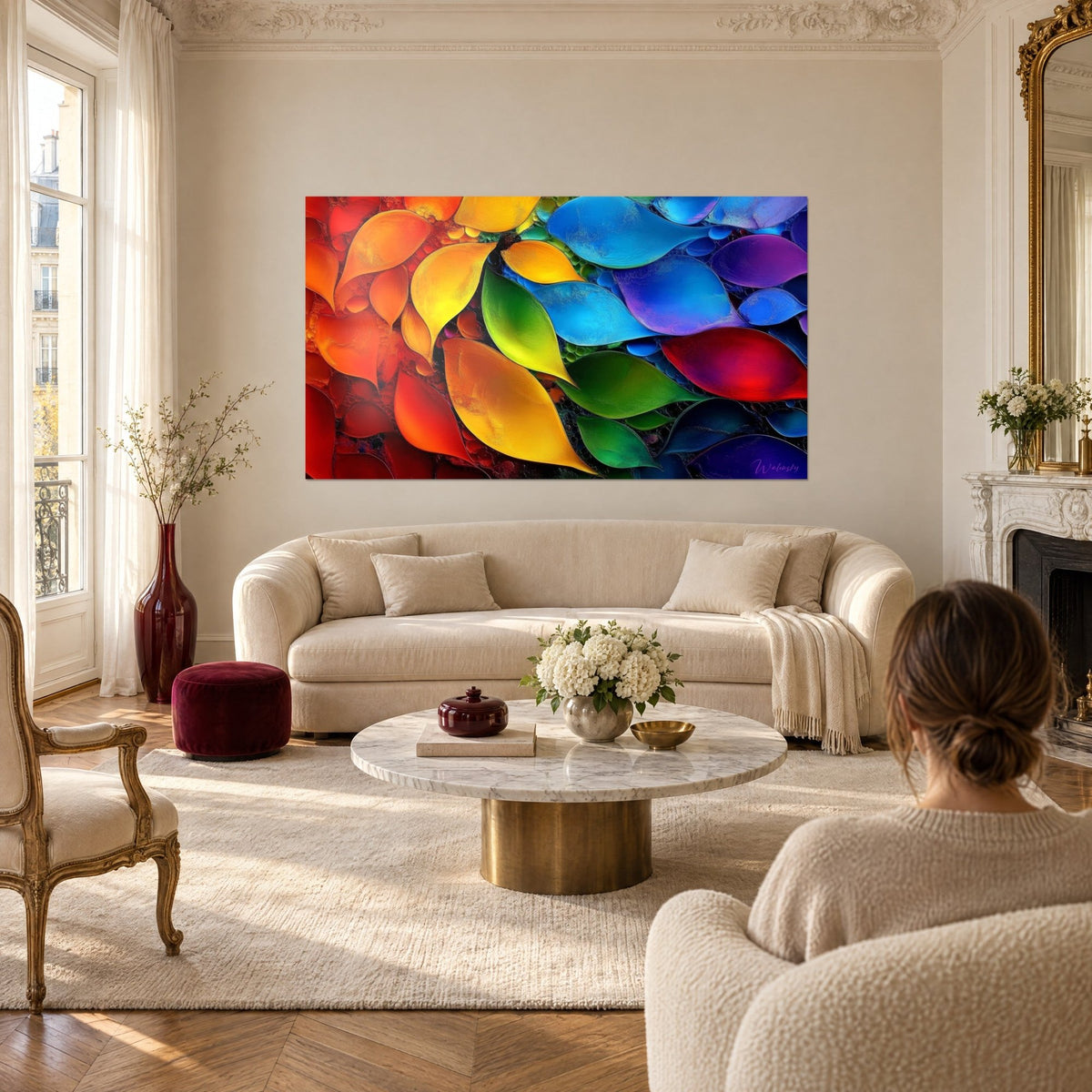 Tableau pétales arc-en-ciel orange, jaune et bleu cobalt, vus de dos par une femme, au-dessus d'un canapé dans un salon lumineux
