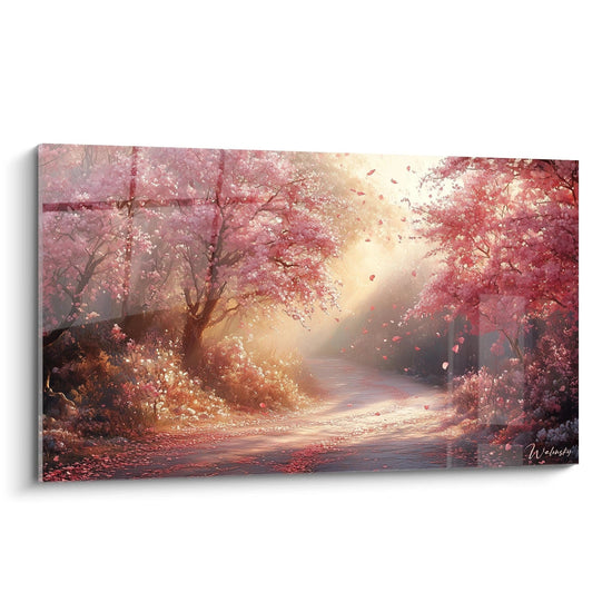 Un quadro foresta che rappresenta un sentiero bordato da ciliegi in fiore con tonalità rosa, immerso in una luce dorata mattutina che filtra attraverso i rami, creando un'atmosfera fiabesca dove i petali turbinano nell'aria.
