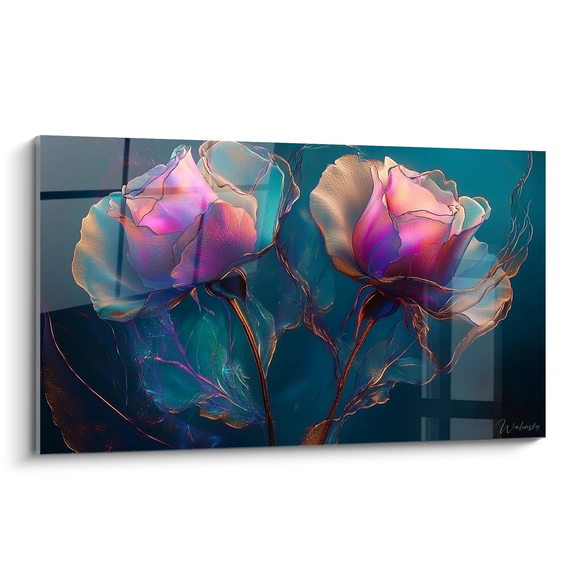 Un tableau fleurs stylisées représentant deux roses lumineuses aux pétales iridescents de rose, violet et bleu clair, avec des contours délicats sur un fond bleu turquoise profond, créant un effet luminescent surnaturel.
