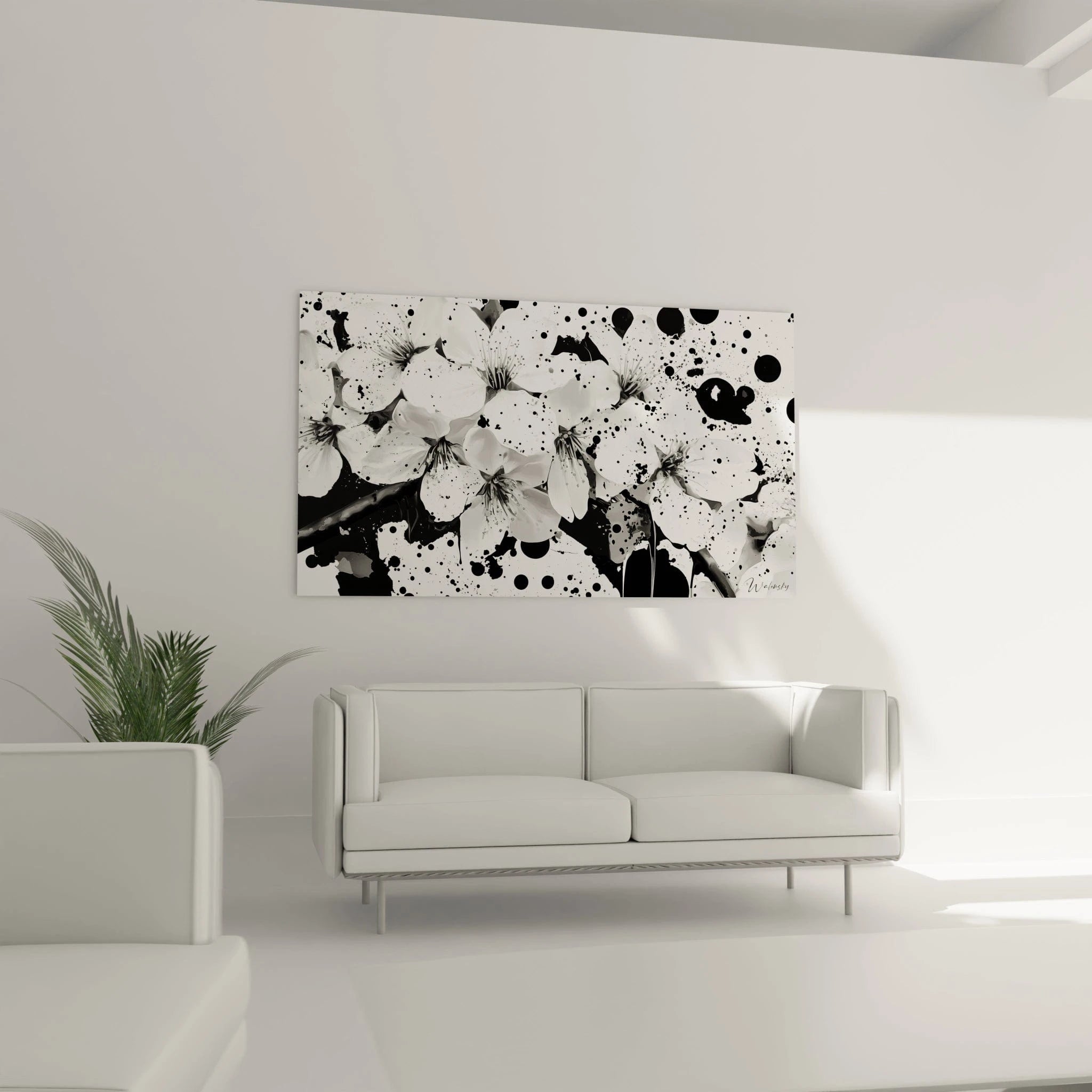 Tableau tacheté noir et blanc de Walensky avec des fleurs abstraites, parfait pour la décoration moderne