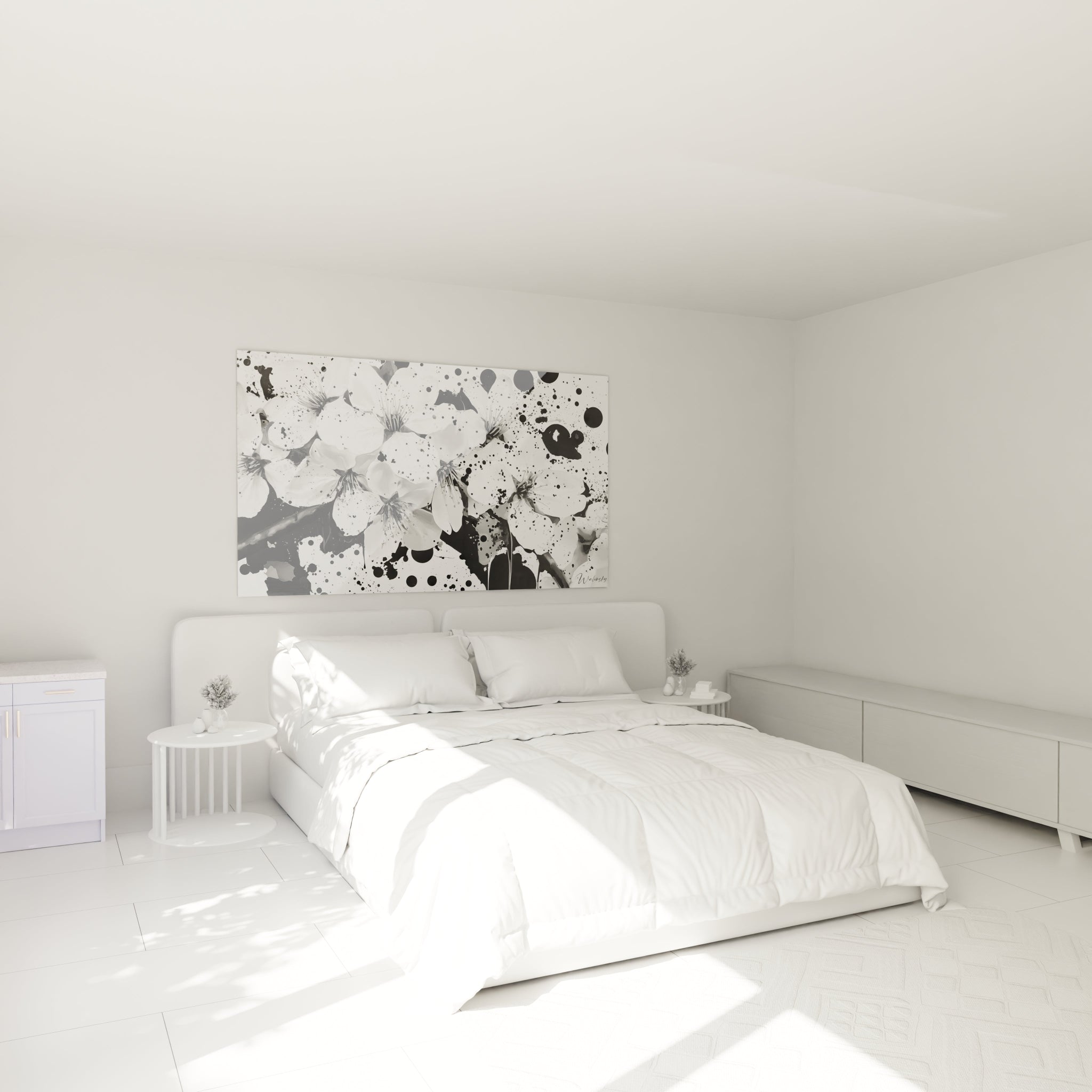 Tableau tacheté noir et blanc de Walensky dans une chambre moderne et lumineuse