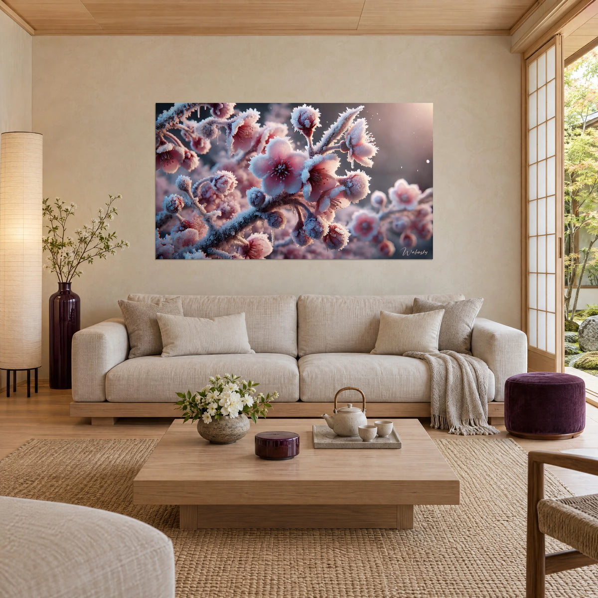Cuadro de flores de cerezo escarchadas en rosa empolvado y gris azulado, cristales en cada pétalo, sobre un sofá en un salón luminoso