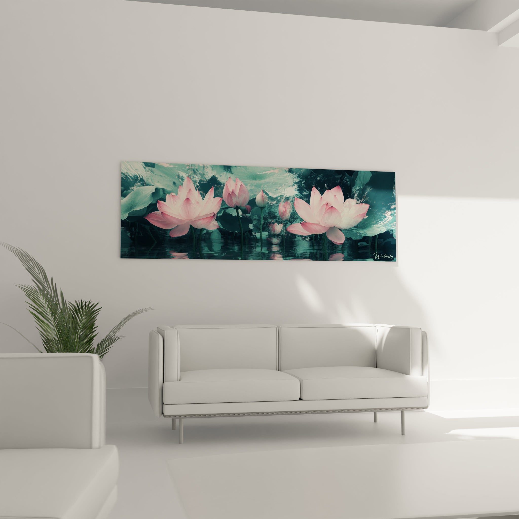 Un tableau lotus zen présentant des fleurs rose nacré émergeant d'un plan d'eau aux reflets mystérieux, jouant sur la dualité des formes réelles et reflétées, les textures lisses des pétales contrastant avec les ondulations aquatiques turquoise.
