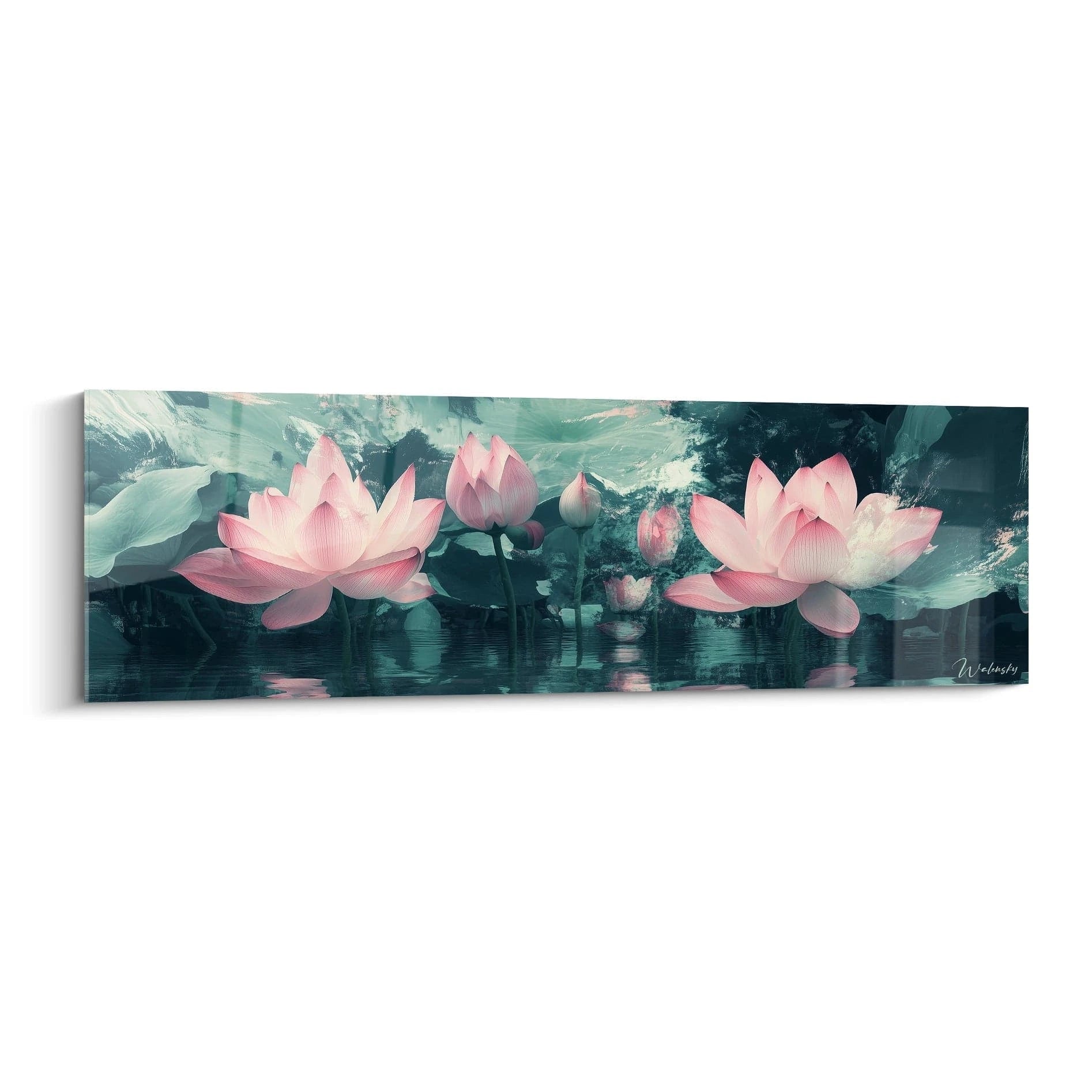 Un tableau lotus représentant des fleurs roses épanouies sur eau turquoise avec leurs reflets parfaits, créant une atmosphère zen par le contraste des pétales délicats contre les profondeurs verdâtres et les textures ondulantes de la surface aquatique.
