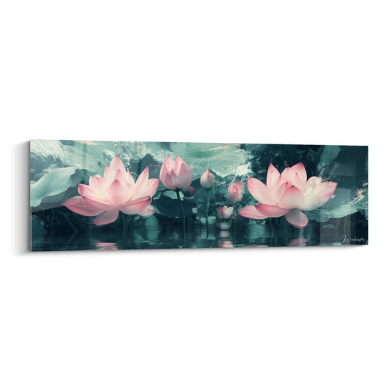 Un quadro loto che rappresenta fiori rosa rigogliosi su acqua turchese con i loro riflessi perfetti, creando un'atmosfera zen dal contrasto dei delicati petali contro le profondità verdi e le texture ondulate della superficie acquatica.
