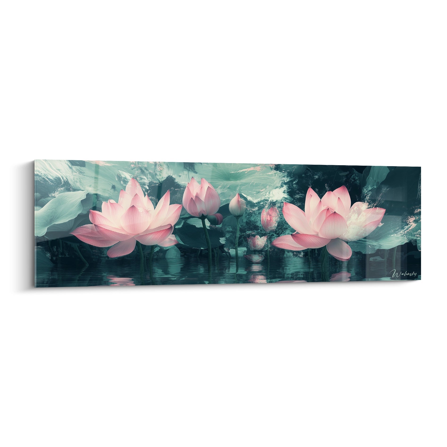 Un tableau lotus représentant des fleurs roses épanouies sur eau turquoise avec leurs reflets parfaits, créant une atmosphère zen par le contraste des pétales délicats contre les profondeurs verdâtres et les textures ondulantes de la surface aquatique.
