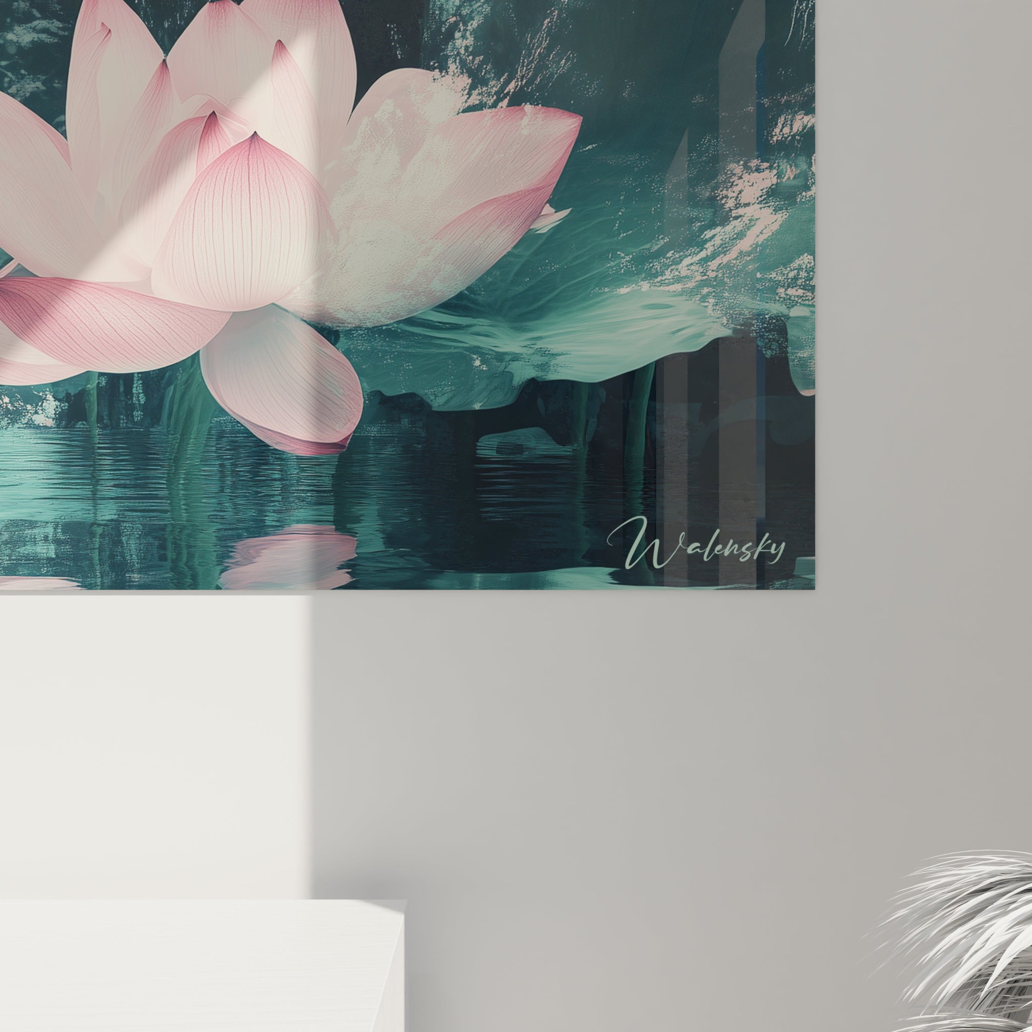 Un tableau lotus méditation illustrant des fleurs roses flottantes et leurs doubles parfaits sur une eau turquoise profonde, créant une harmonie visuelle par la symétrie naturelle, les transitions subtiles de couleurs et les jeux de lumière sur les surfaces réfléchissantes.
