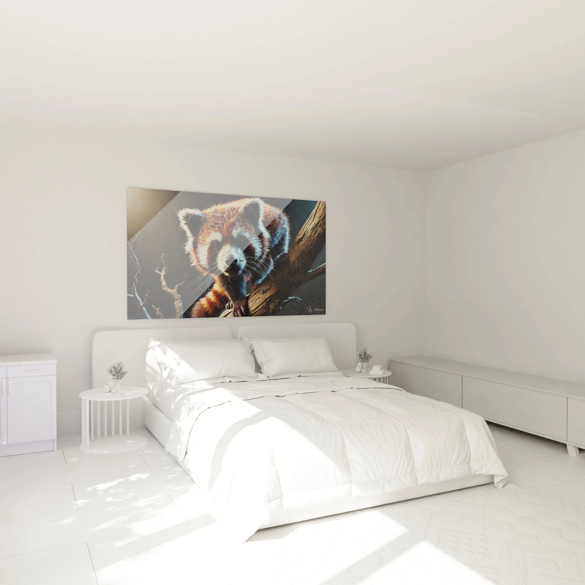 Tableau panda roux dans une chambre, au-dessus du lit. Apportez une ambiance mysterieuse et sauvage avec ce chef-d'œuvre naturel. Parfait pour ajouter une touche de curiosite a votre espace de detente.

