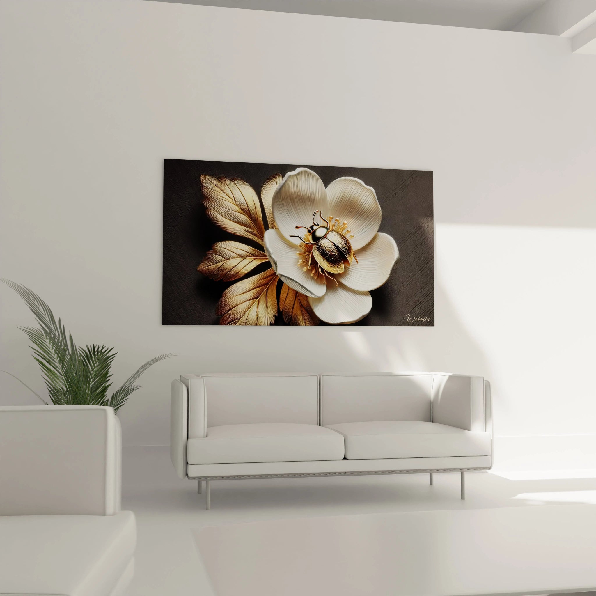 tableau coccinelle suspendu au dessus du canape dans un salon ajoute un charme elegant contraste des textures et des couleurs raffinees ideal pour un interieur contemporain et sophistique

