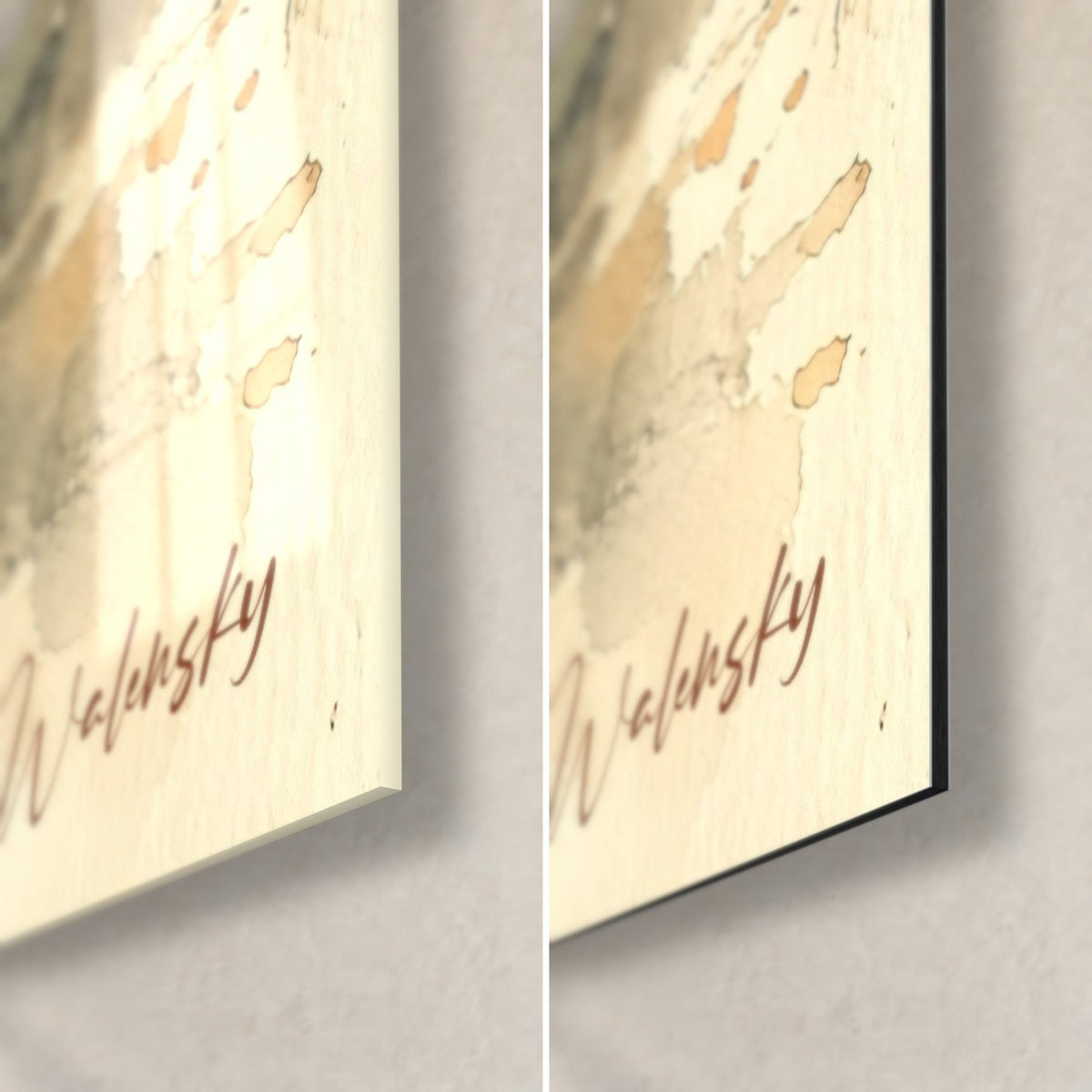 Gemälde Petite France in Aquarell, untere rechte Ecke: glänzendes Glas links, mattes schwarzes Dibond rechts, rote Signatur