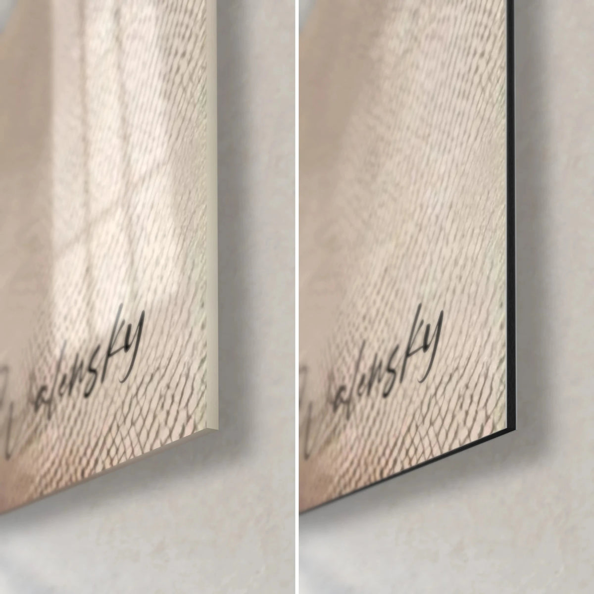 Quadro piccolo felino nero, angolo in basso a destra: vetro acrilico lucido a sinistra, Dibond opaco a destra, firma Walensky sul bordo da 3 mm
