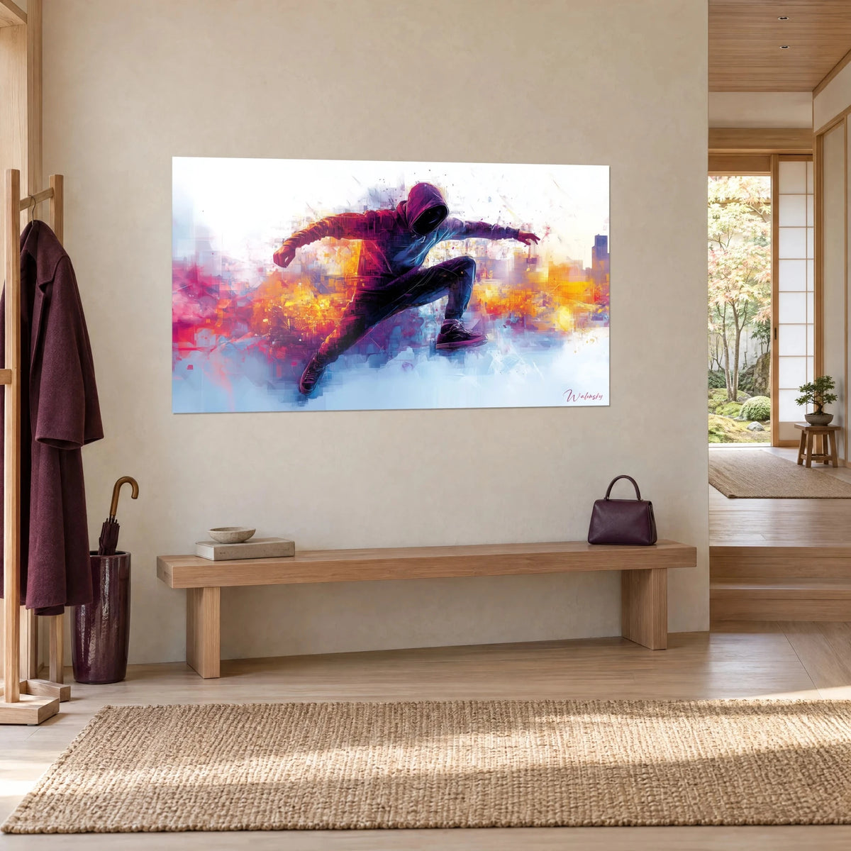 Tableau silhouette de traceur en sweat bordeaux, jambe repliée, fond bleu glacé et jaune ambré, vue de trois-quarts dans l'entrée