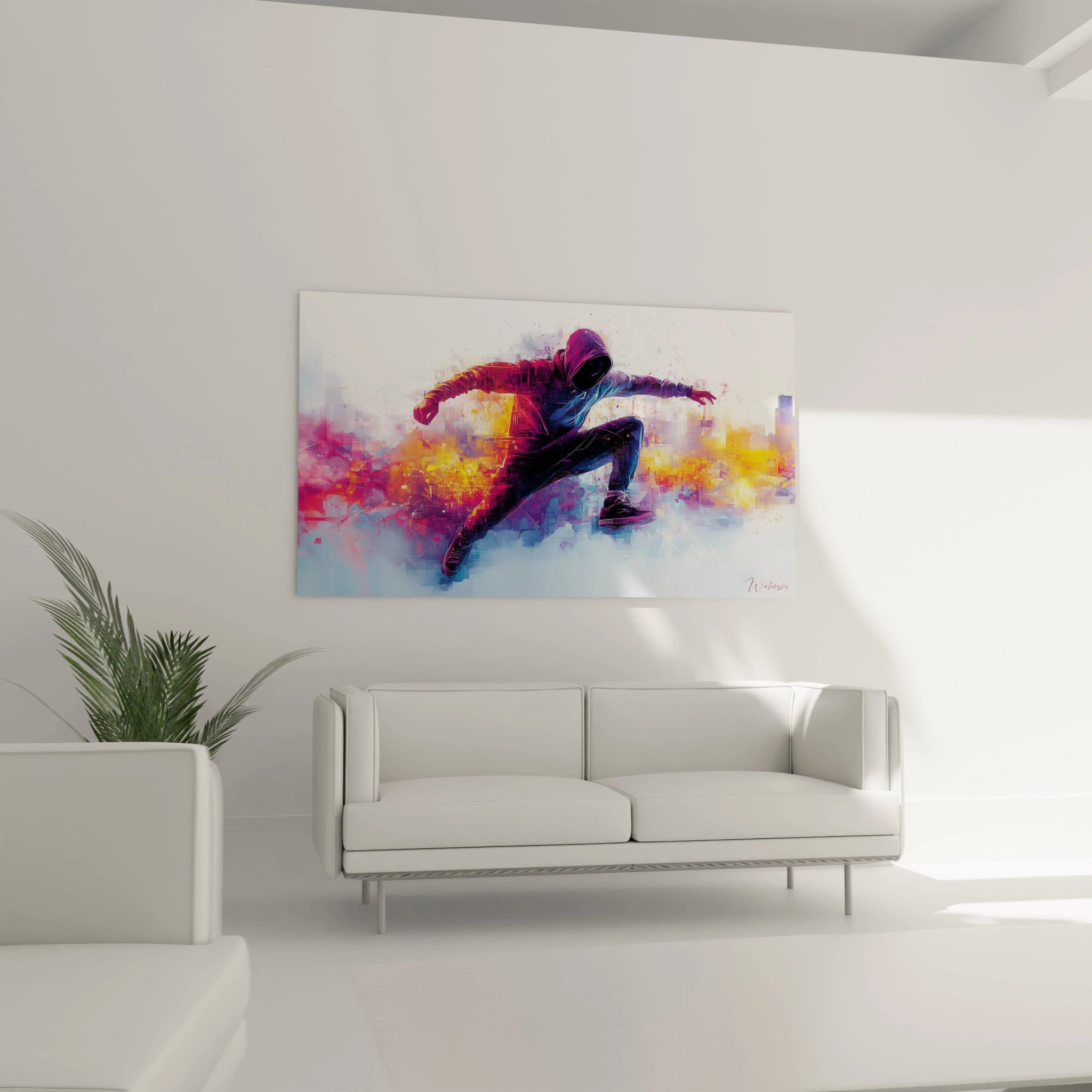 Un tableau street art capturant l'instant suspendu d'un traceur en position de saut, dans des tons violets dominants mêlés de bleu et noir, contrastant avec un fond lumineux orangé et jaune aux textures pixelisées et coups de pinceaux visibles.
