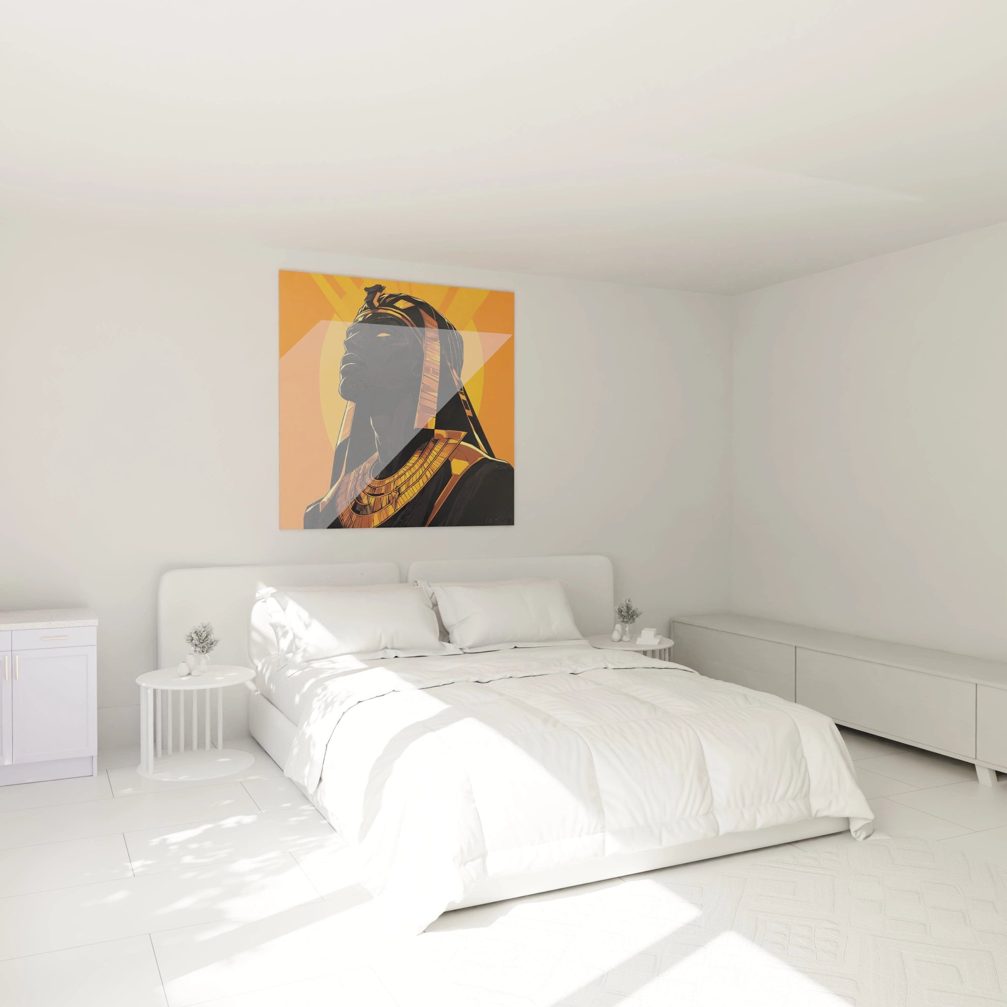 Tableau Egypte mural Walensky avec illustration stylisée d'un pharaon en noir et or sur fond orange
